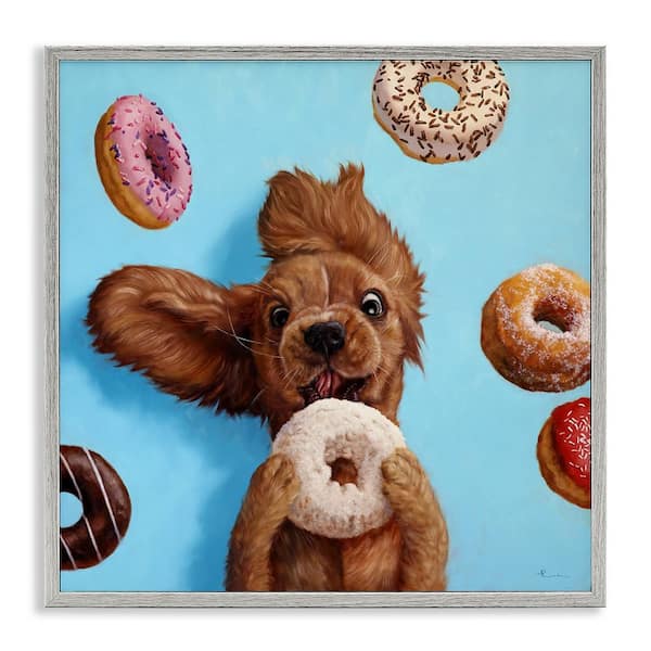 Stupell Industries Funny Dog Licking Donut by Lucia Heffernan 1-Piece Gray Framed Animal Giclee Art Print 17 in. x 17 in.