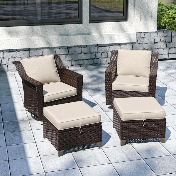 Gardenbee 4-Piece Wicker Patio Conversation Set Swivel Outdoor Rocking Chair with Beige Cushions