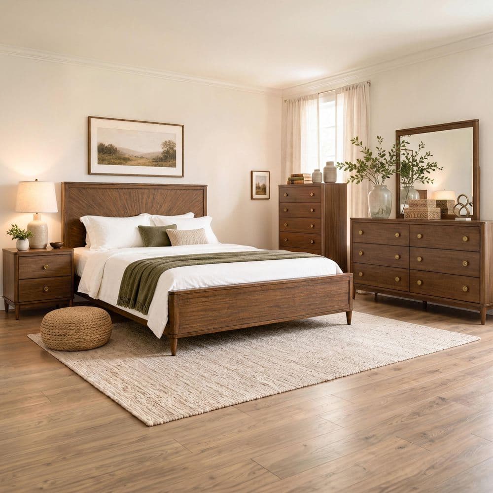Issac 4-Piece Walnut Wood King Panel Bedroom Set with USB Port and Cedarwood Bottom Drawers price history on PriceWatchPro