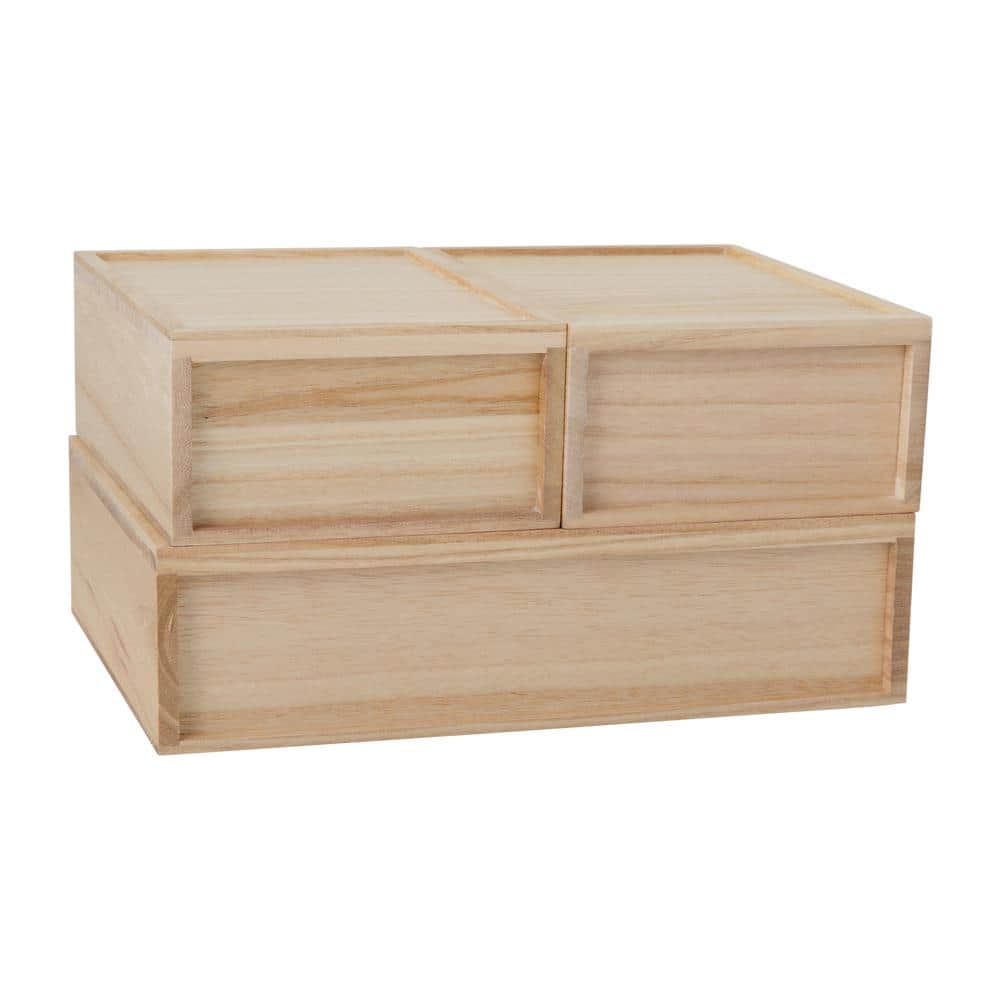 Light Natural Paulownia Wood Stackable Storage Boxes with Drawers, Set of 3
