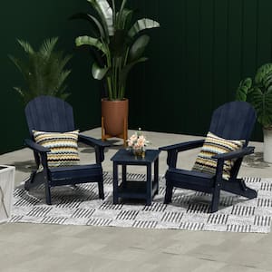 Vineyard Navy Blue Outdoor Plastic Adirondack Chair with Side Table 3-Piece Set