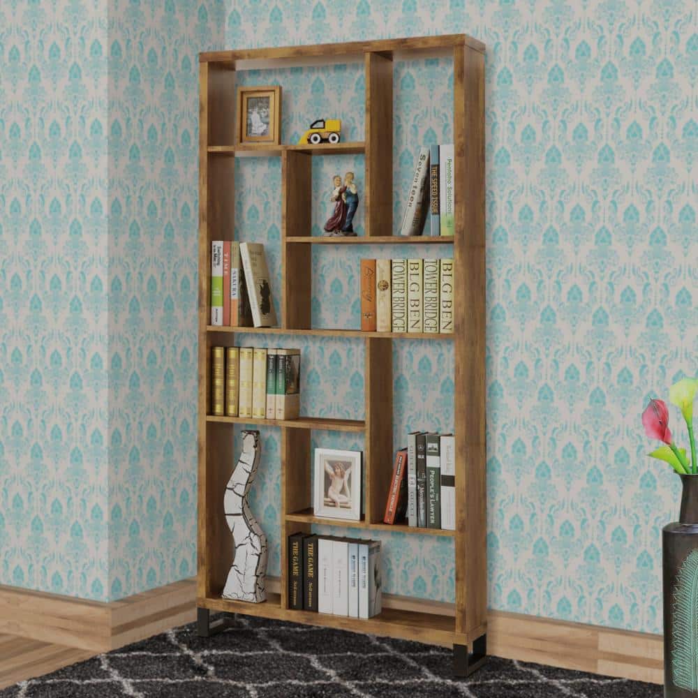 Antique Nutmeg Brown Wood and Metal Bookcase with Multiple Shelves