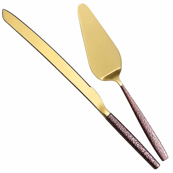 2-Piece Moon Surface Handle Gold-Tone Stainless Steel Wedding Cake Knife and Server Set Specialty Flatware