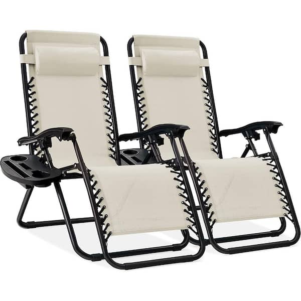 Unbranded Set of 2 Adjustable Steel Mesh Zero Gravity Lounge Chair Reclinerswith Pillows and Cup Holder Trays - Ivory
