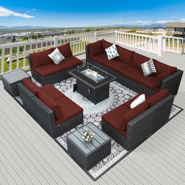 FINCATI Luxury 13-Piece Charcoal Wicker Patio Fire Pit Sectional Seating Set with Red Cushions and 43 in. Firepit Table