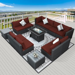 Luxury 13-Piece Charcoal Wicker Patio Fire Pit Sectional Seating Set with Red Cushions and 43 in. Firepit Table