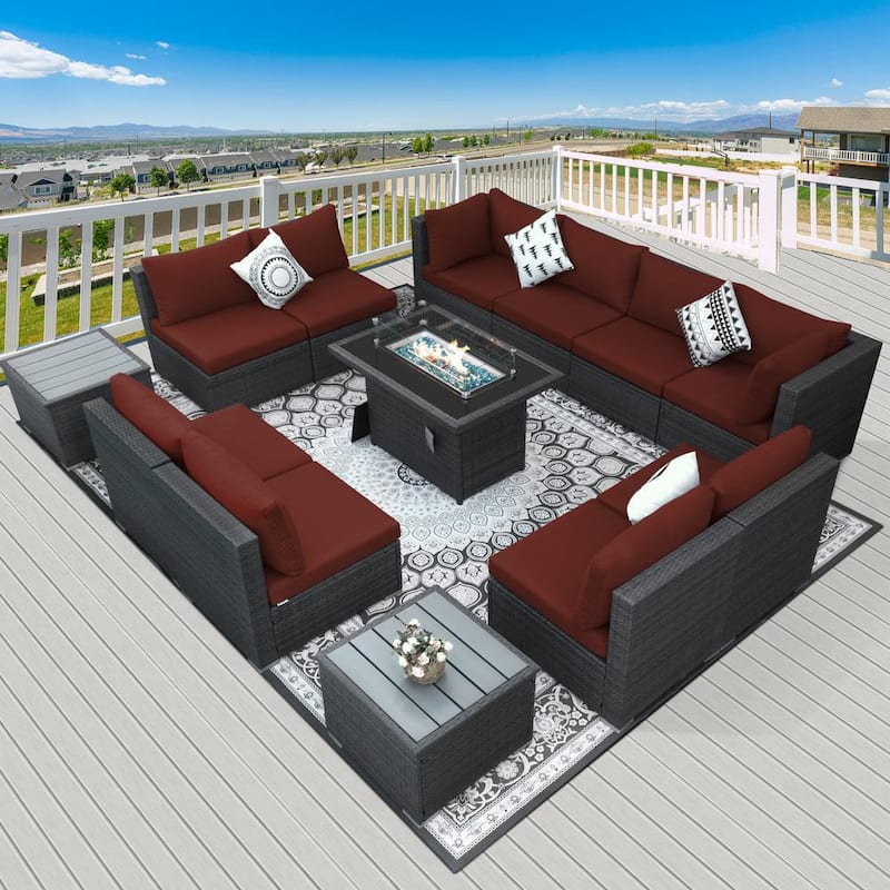 Luxury 13-Piece Charcoal Wicker Patio Fire Pit Sectional Seating Set with Red Cushions and 43 in. Firepit Table