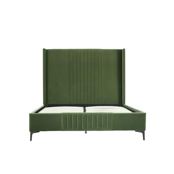 Manhattan Comfort Promenade Moss Green Mid-Century Modern Velvet Upholstered Wood Frame Queen Platform Bed