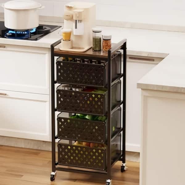 5-Tier Kitchen Fruit Baskets with Wheels, Wood Top and Metal Drawers, Utility Fruit Vegetable Storage Rack Stand, Black