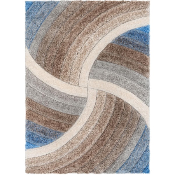 Well Woven San Francisco Ucci Modern Geometric Shag Beige 5 ft. 3 in. x 7 ft. 3 in. 3D Textured Super Soft and Thick Area Rug