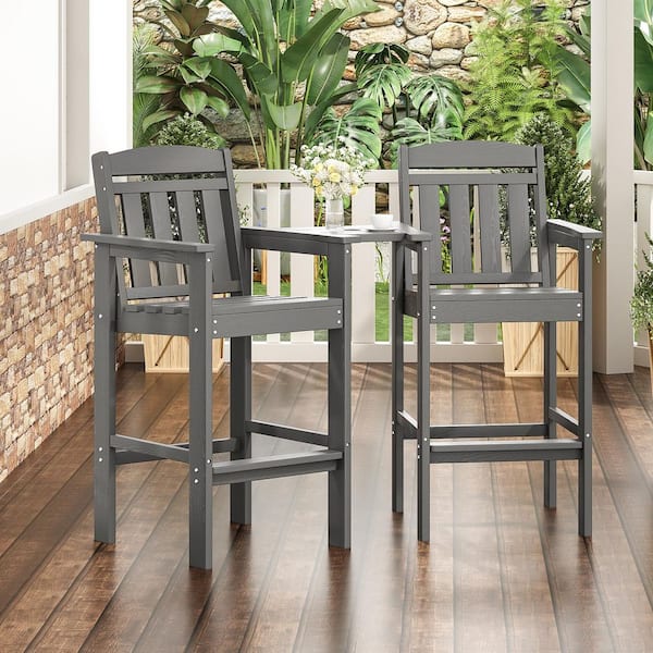 Gray Tall Adirondack Bar Stools with Connecting Tray Polyethylene Outdoor Bar Stool (2-Pack)