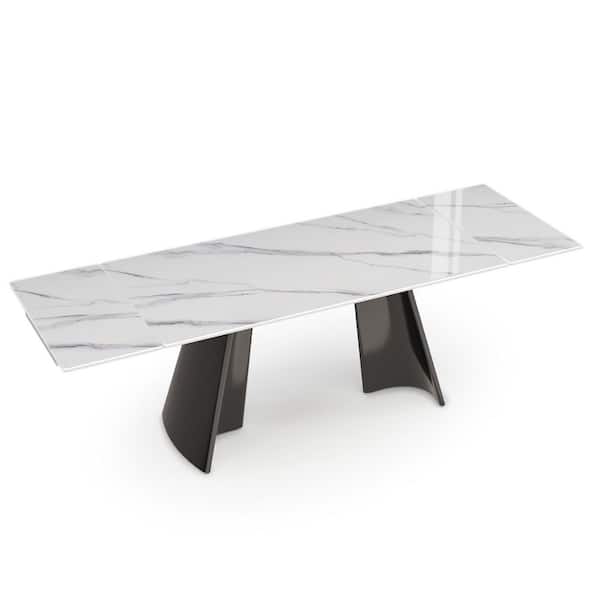 White Marble Top 94.4 in. Pedestal Extendable Dining Table Seats 10+ with Electroplated Stainless Steel Trumpet Base