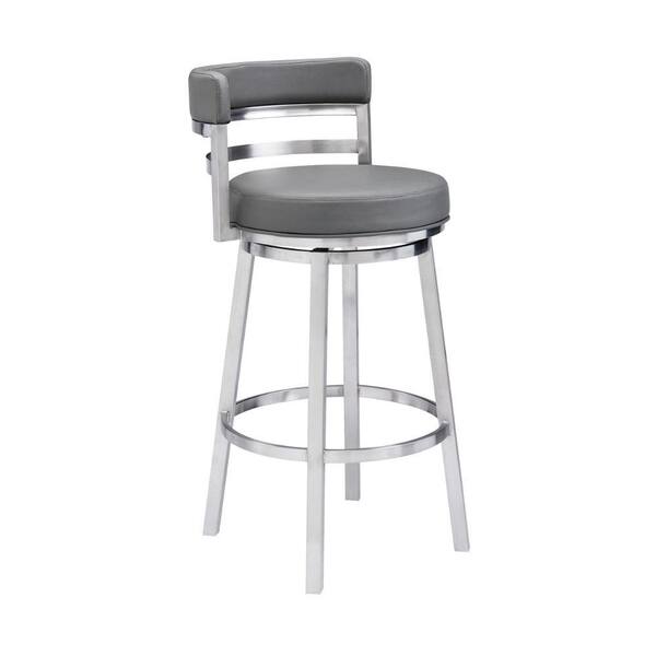 Benjara 30 in. Gray Low Back Metal Frame Barstool Chair with Faux Leather Seat