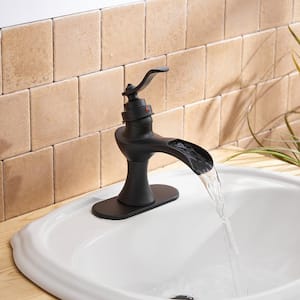 Waterfall Single Hole Single-Handle Bathroom Sink Faucet with Pop-up Drain Assembly and Escutcheon in Matte Black
