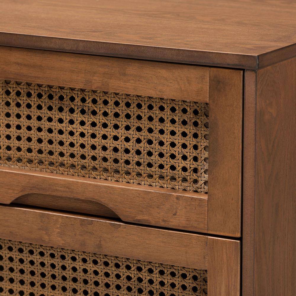 Walnut Brown Wood and Synthetic Rattan 2-Drawer Nightstand
