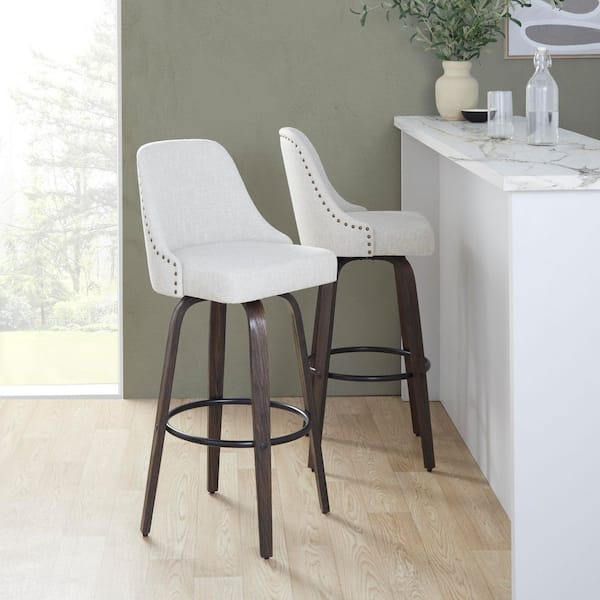 Lumisource Studded Marcel 30.75 in. Cream Fabric, Walnut Glazed Wood, Black Metal, and Brass Metal Fixed-Height Barstool (Set of 2)