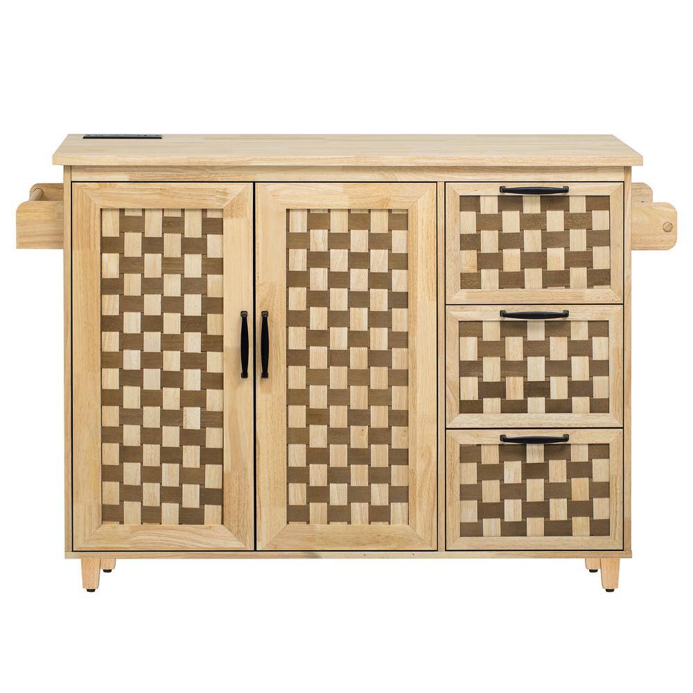 3D Woven Checkerboard Pattern Nature Wood Kitchen Cart with Internal Storage Racks, Drop Leaf, Power Outlets, 3 Drawers