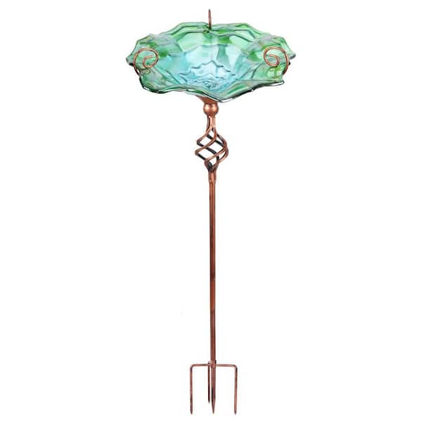 31 in. H Clear Green Glass Bird Bath Stand Outdoor with Metal Stake