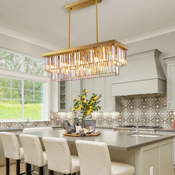 LuminFan 39 in. 10-Light Gold 2-Tier Rectangle Crystal Chandelier
