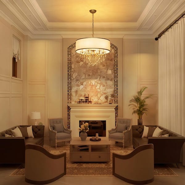 Orlen 23.6 in. 6-Light Painted Gold Boho Drum Crystal Chandelier with Ivory Fabric Shade