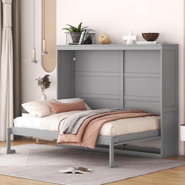Harper & Bright Designs Gray Wood Frame Full Size Murphy Bed, Wall Bed Folded into a Cabinet