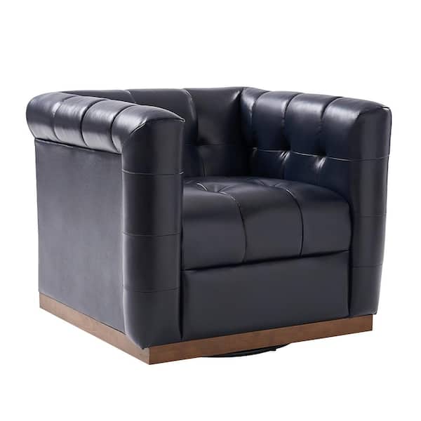 JAYDEN CREATION Gunther Navy Genuine Leather Swivel Club Chair with Wooden Apron