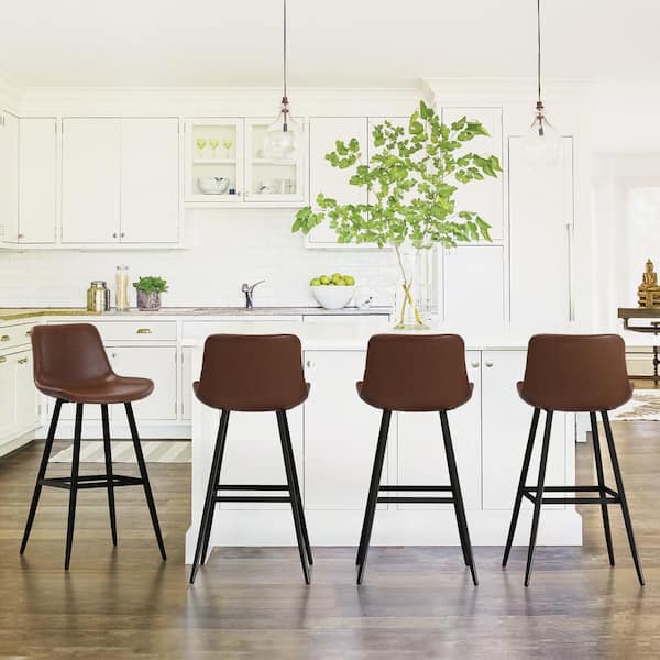 cozyman Abraham 30 in. Dark Brown Metal Counter Height Bar Stool Faux Leather Bucket Bar stool Back Counter Stool (Set of 4)