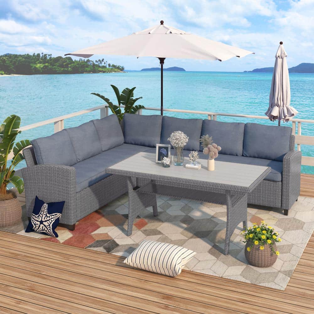 Gray Wicker Outdoor Couch Conversation Set with Table and Gray Cushions