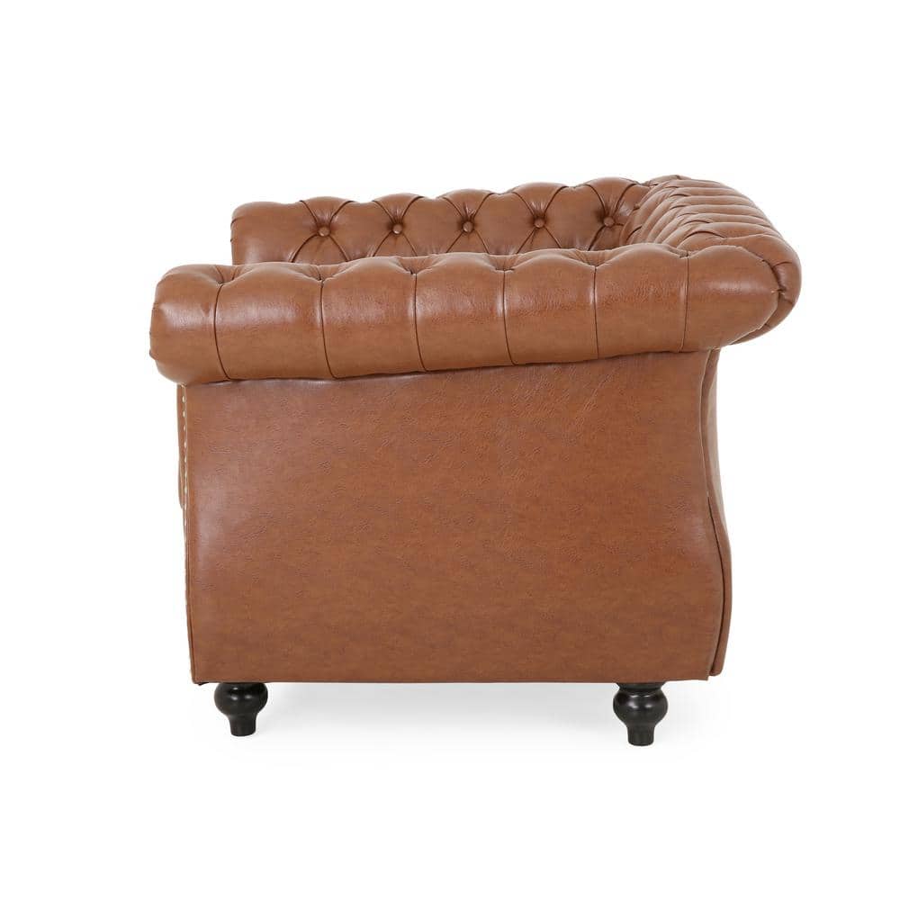Chesterfield Brown Faux Leather Accent Chair with Birch Wood Legs