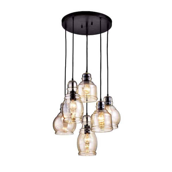 Jojospring Carol 18 in W Cognac Glass Antique Black and Round Base 6-light Pendant Light