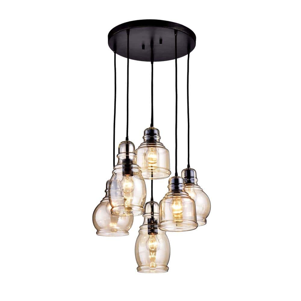 Mariana Cognac Glass and Antique Black 6-Light Pendant