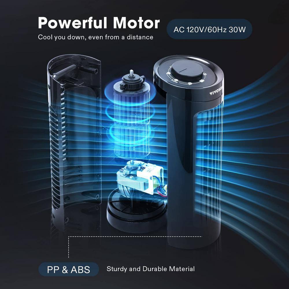 Compact Black Bladeless Oscillating Tower Fan with Three Speed Settings