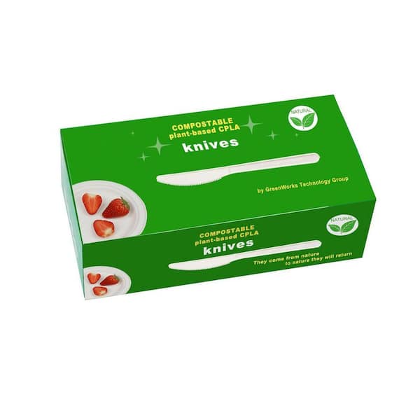 White Clear Disposable Biobased Cutlery Knife Heavyweight Compostable BPA Free Plastic Free 100 Per Case