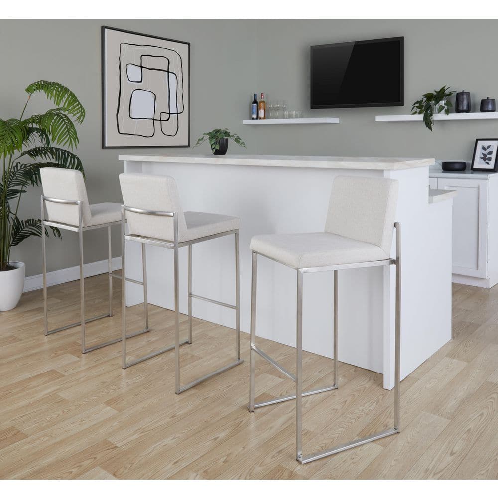 Fuji High Back 40.5 in. Beige Fabric and Stainless Steel Metal Fixed-Height Bar Stool (Set of 3) price history on PriceWatchPro