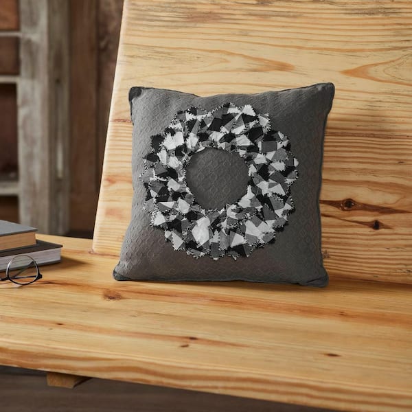 VHC Brands Finders Keepers Steel Grey, Soft White, Country Black Farmhouse Fabric Wreath 14 in. x 14 in. Throw Pillow