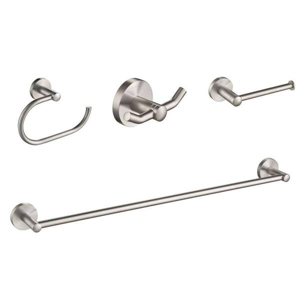 Bathroom Hardware 4-PCS Set Towel Bar Ring Hook Holder Accessory Brushed Nickel 