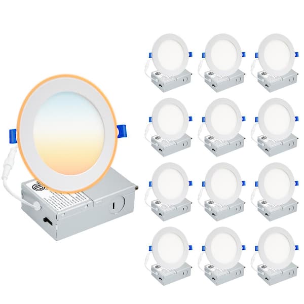Bieuoram 4 in. Adjustable 5CCT Canless LED Dimmable Indoor Integrated LED Recessed Downlight Kit with Night Light (12 Pack）
