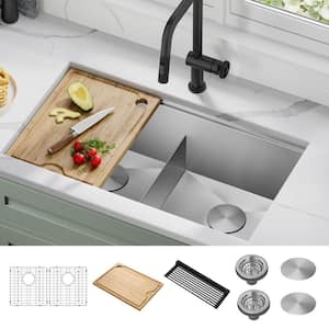 Kore 33 in. Undermount Double Bowl 16 Gauge Stainless Steel Kitchen Workstation Sink with Accessories