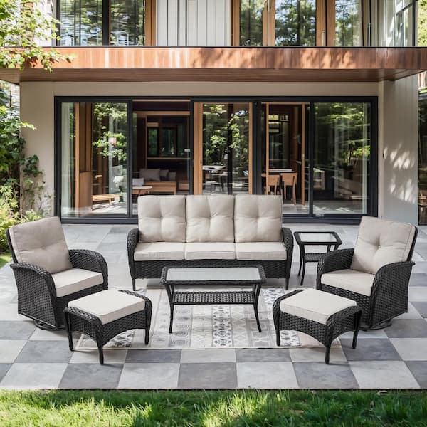 Black 7-Piece Wicker Patio Conversation Set with Swivel Rockers, Outdoor Sofa Seating Set with Olefin Beige Cushions