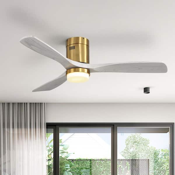 CACI Mall 52 in. Indoor Gold Flush Mount Wood Ceiling Fan with Light, Adjustable White Integrated LED and Remote Included
