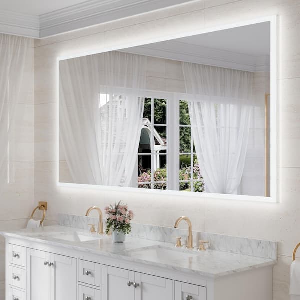 ANGELES HOME 84 in. W x 42 in. H Rectangular Framed Wall LED Bathroom Vanity Mirror with Dimmer, Defogger, Tri-Color, UL-Certified