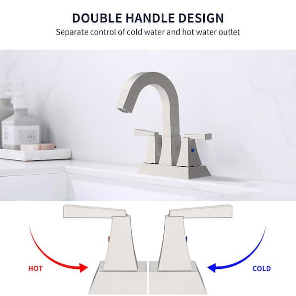 Staykiwi 4 in. Centerset Double Handle Mid Arc Bathroom Faucet with Drain Kit Included in Brushed Nickel