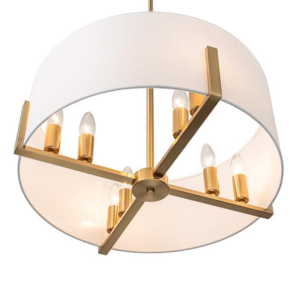 8 Light Gold Modern Traditional Drum Chandelier Hanging Light for Bedroom with White Fabric Shade, No Bulb Included