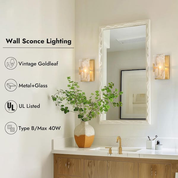 1-Light Antique Gold Leaf Wall Sconce, Rectangle Clouded Glass Bedroom Wall Light, Mid-Century Modern Light Fixture