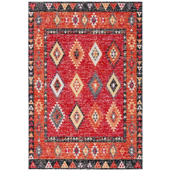 SAFAVIEH Montage Red/Black 9 ft. x 12 ft. Geometric Aztec Indoor/Outdoor Patio  Area Rug