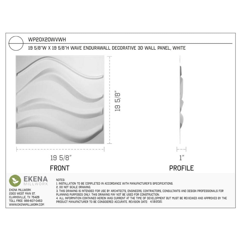 White PVC Wave 3D Decorative Wall Panel 19 5/8" x 19 5/8"