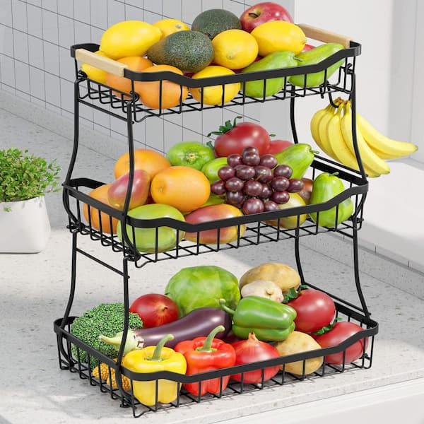 1 Piece Black 3-Tier Detachable Fruit Vegetable Basket with Banana Hange & Wooden Handle for Kitchen Counter