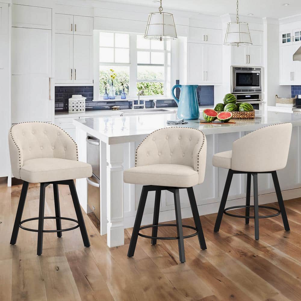 Linen Upholstered Swivel Counter Stools with Metal Legs, Set of 3