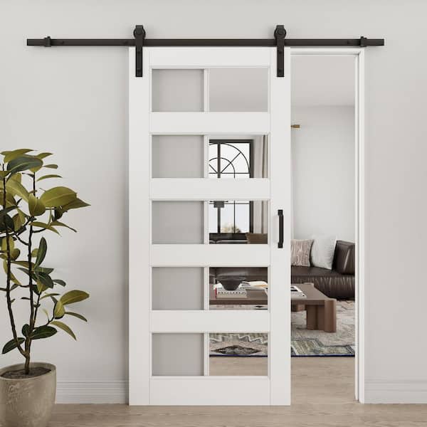 36 in. x 80 in. 5-Lite Tempered Clear Glass White Primed Solid Core MDF Sliding Barn Door with Hardware Kit