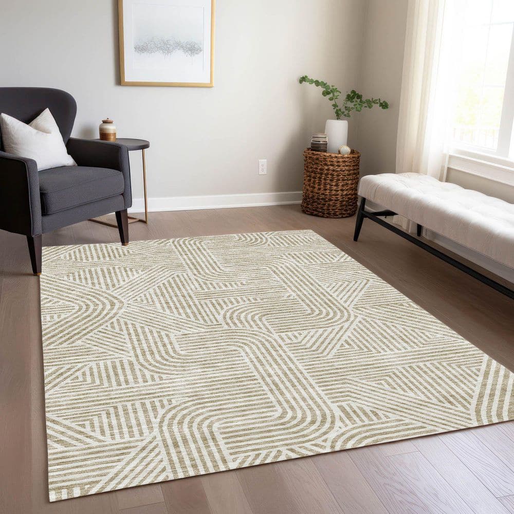 Beige and White Rectangular Synthetic Indoor Outdoor Rug